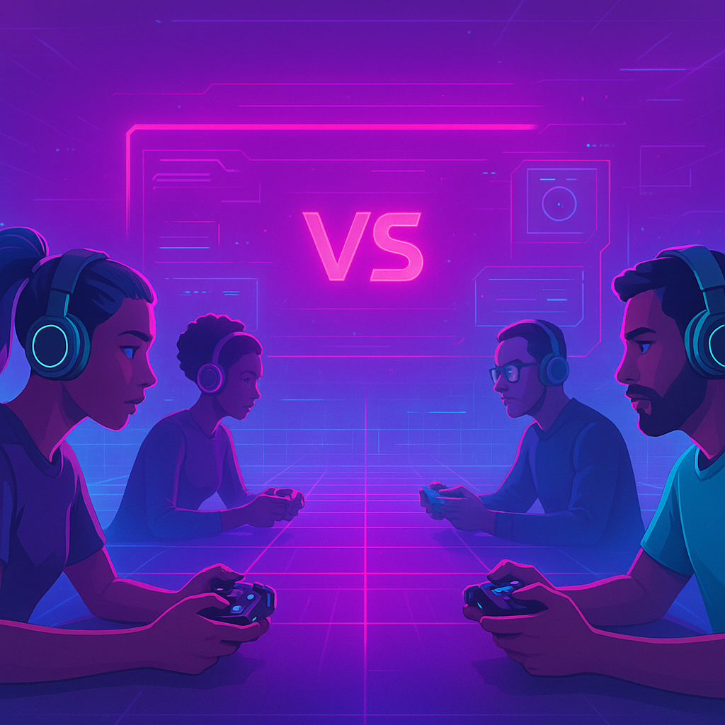 ArcadeFlux hero view: neon arena, player avatars and HUD overlays